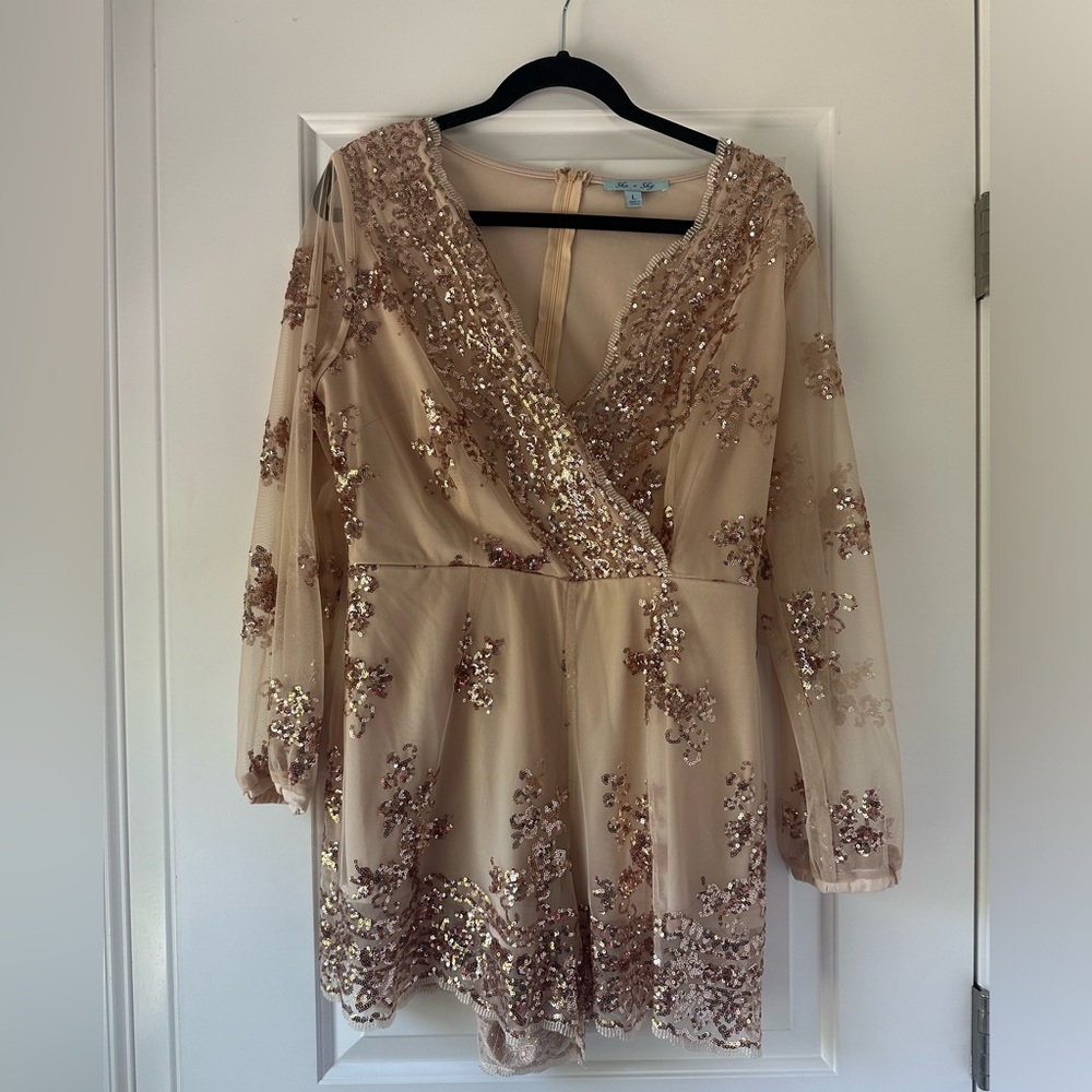 She + Sky Sequin Embellished Romper in Gold and Cream